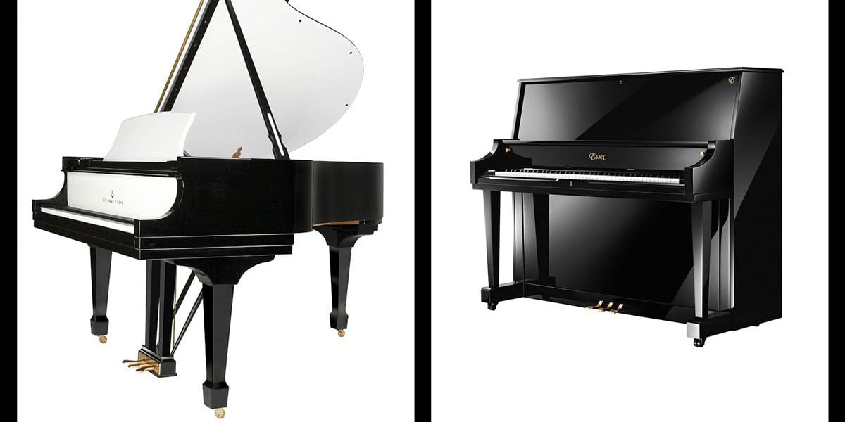 What are the main differences between a grand piano and an upright?